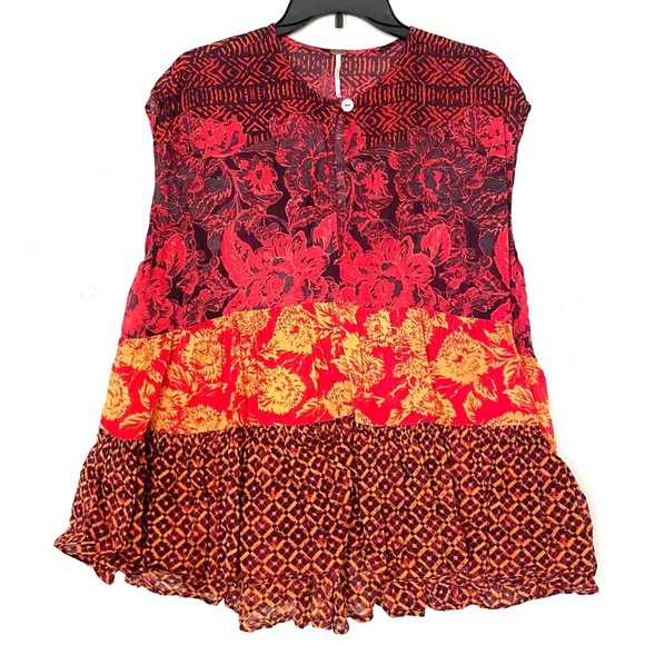 Free People Gotta Have You Tunic Cap Sleeve Flowy Red Orange Tiered Top Size XS - Picture 2 of 10